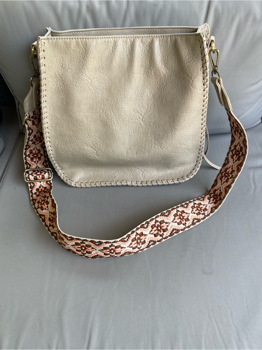 Beige Leather Crossbody Bag with Woven Strap